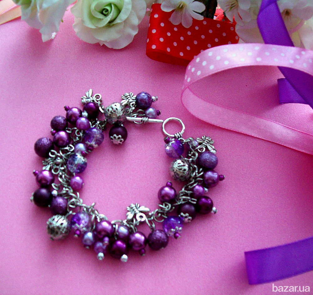 Летний яркий браслет на цепочке ручная работа голубой фиолетовый оранжевый розовый Луцьк - зображення 1