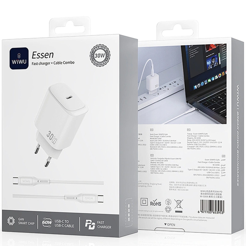 СЗУ WIWU G008 Essen PD30W GaN (1USB-C) + кабель Type-C to Type-C Херсон - изображение 2