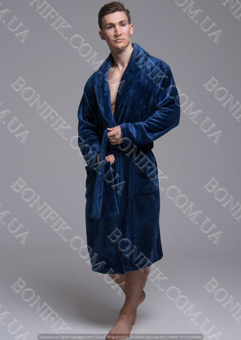 Мужской синий халат велсофт с поясом (90055) (арт. 1202) Кривий Ріг - зображення 3