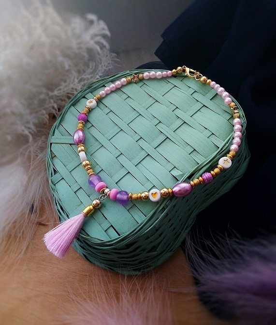 Рожеві мрії чокер намисто для дівчинки літня прикраса китиці рожевий білий золотистий Луцк - изображение 2