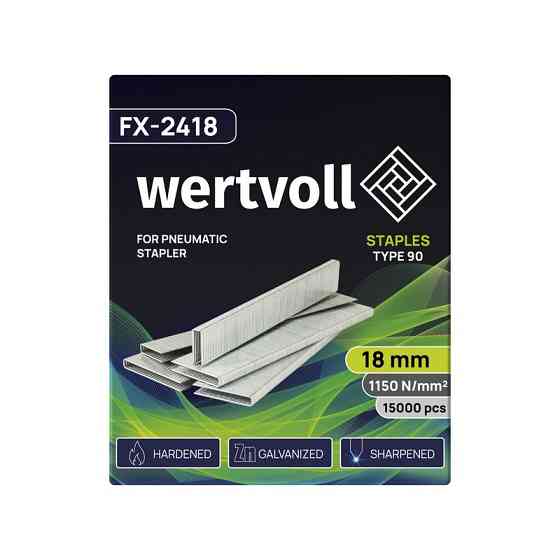 Скобы закаленные для пневмостеплера WERTVOLL тип 90 18 мм/5.8х1.25 мм 15000 шт FX-2418 Харьков