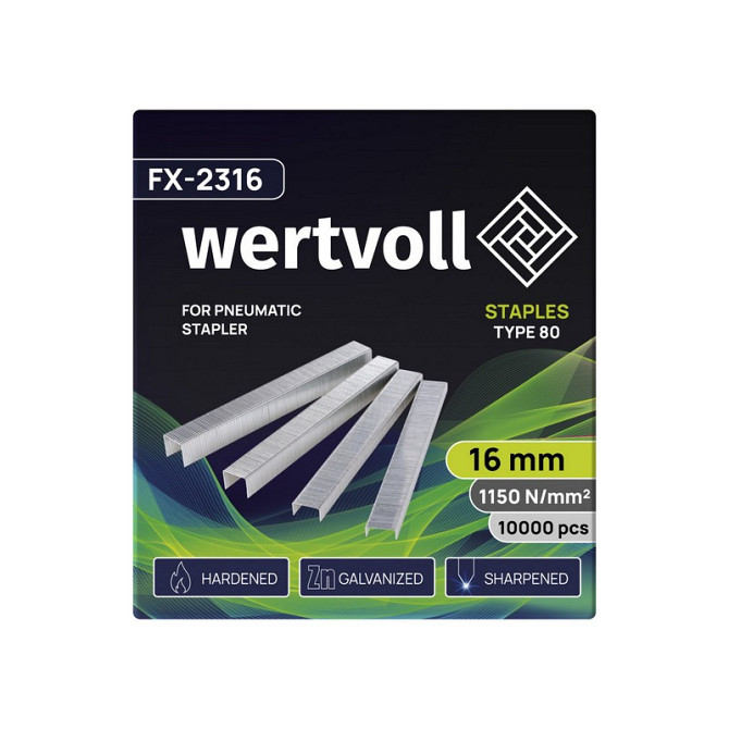 Скобы закаленные для пневмостеплера WERTVOLL тип 80 16 мм/12.8х0.95 мм 10000 шт FX-2316 Харків - зображення 2
