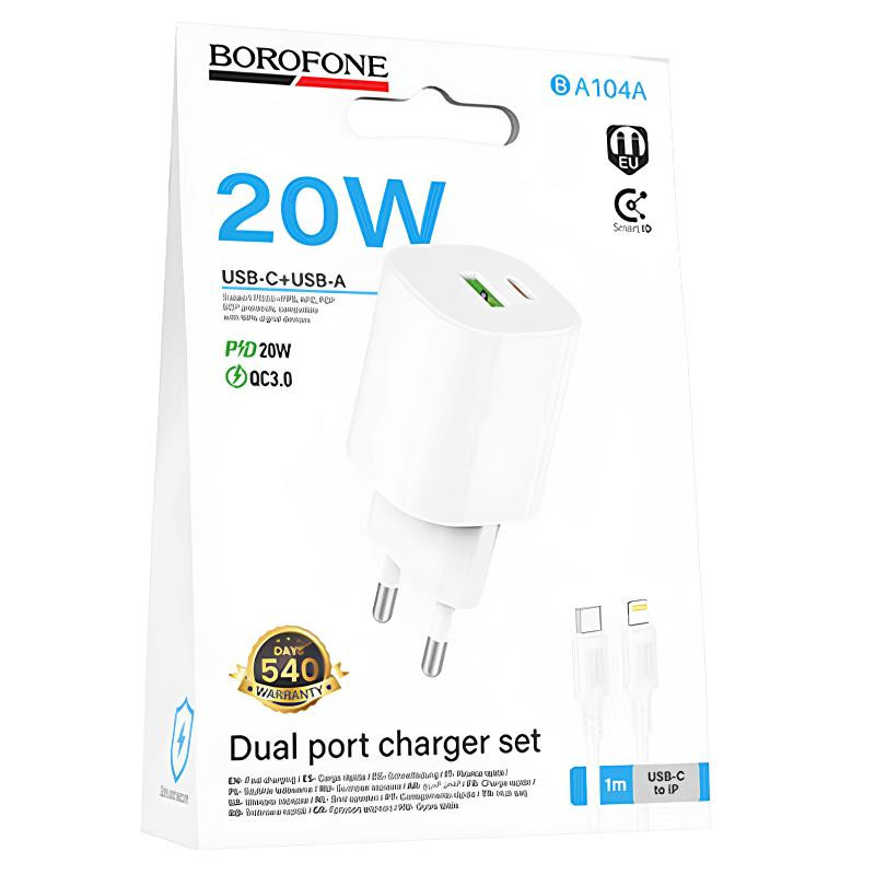 СЗУ Borofone BA104A Pudding PD20W+QC3.0 (1USB-A/1C) + кабель Type-C to Lightning Херсон - изображение 2