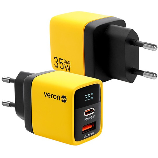 Мережевий зарядний пристрій Veron TC-35 35W Display PD QC3.0 Yellow (Код товару:41299) Харків - зображення 1