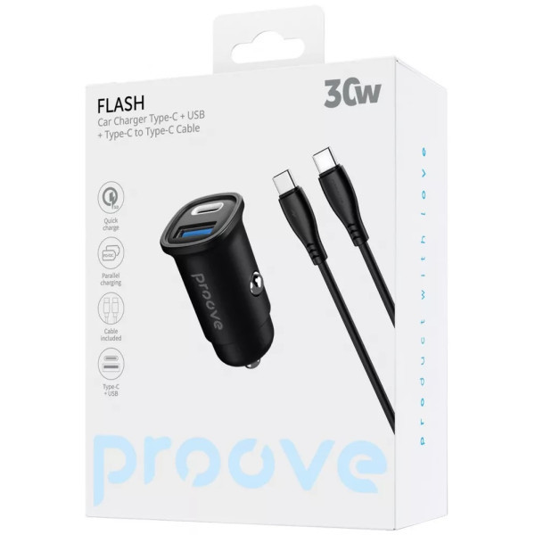 Автомобільний зарядний пристрій Proove Flash 30W (Type-C + USB) + Cable Type-C to Type-C Black (CCFC Харків - зображення 2