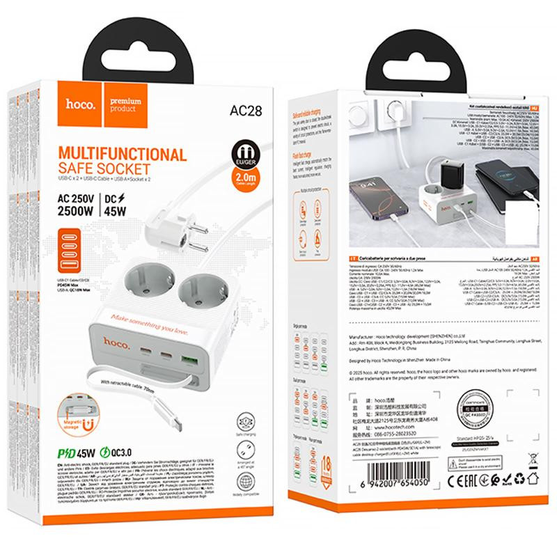 Удлинитель Hoco AC28 Descanso (PD45W/1C/3A/2xSocket) (2m) Херсон - изображение 6