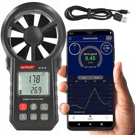 Анемометр крыльчатый USB, Bluetooth 0,3-30м/с, -10-45°C WINTACT WT87B Харків