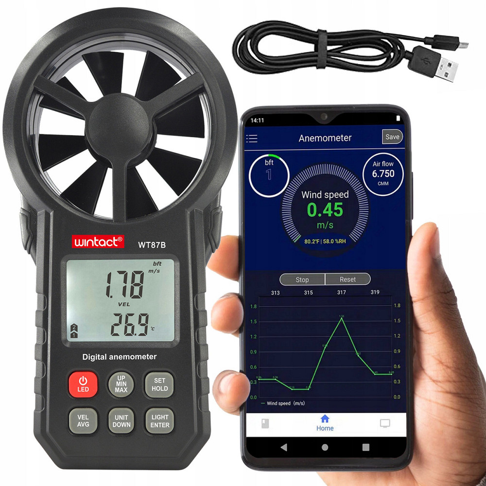 Анемометр крыльчатый USB, Bluetooth 0,3-30м/с, -10-45°C WINTACT WT87B Харків - зображення 1