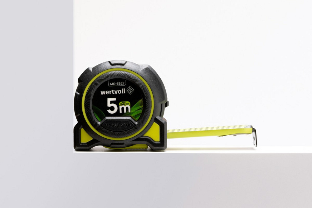 Рулетка WERTVOLL 5 м х 27 мм фиксатор полотна кнопка STOP покрытие TPR нейлоновое покрытие противоск Харків - зображення 5