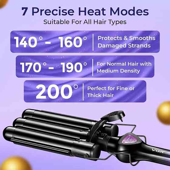Плойка для волос тройная VGR V-590 PURPLE 130 Вт фиолетовая Київ