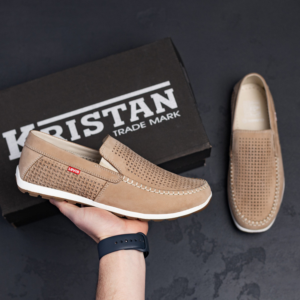 Мужские летние кожаные мокасины  LS перфорация Beige Київ - зображення 9