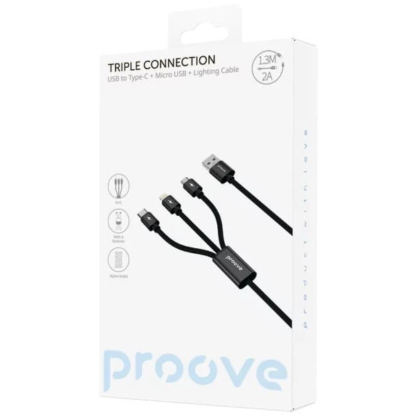 Кабель Proove Triple Connection 3 in 1 Type-C + Micro USB + Lightning 1.3m Black (CCTC15001501) Харків - зображення 2