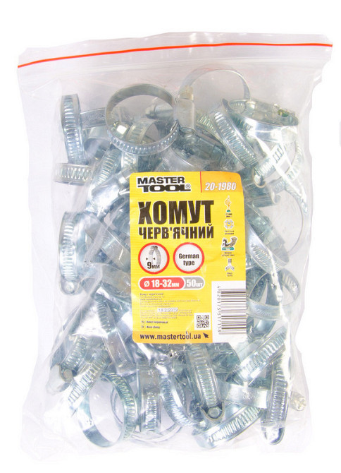 Хомут червячный MASTERTOOL German type W1 DIN 3017 9.0 мм Ø 18-32 мм 50 шт 20-1980 Харків - зображення 2