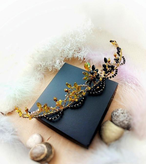 Сехмет тіара балетна корона діадема жовтий чорний двоколірна кришталева обідок обруч гнучкий косплей Луцьк - зображення 3