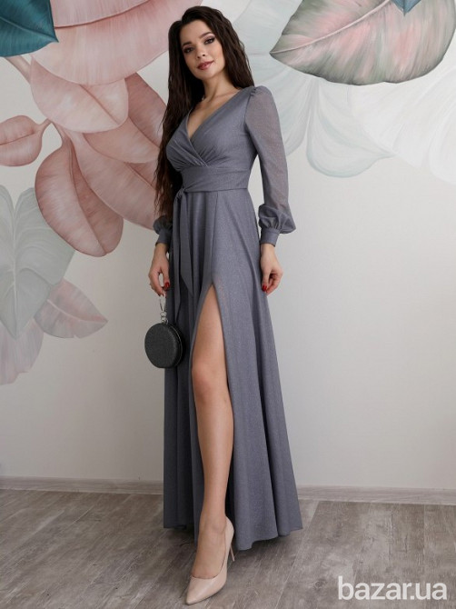 Графитовое блестящее вечернее платье с рукавами Киев - изображение 2