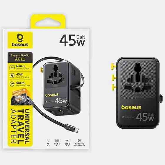Сетевой универсальный переходник Baseus AG11 45W with retractable cable (2USB-A/1C/1Socket) (E0307F) Херсон