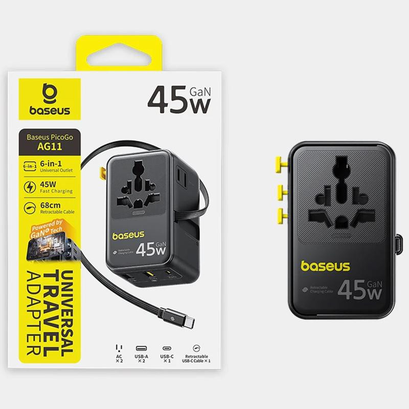 Сетевой универсальный переходник Baseus AG11 45W with retractable cable (2USB-A/1C/1Socket) (E0307F) Херсон - изображение 5