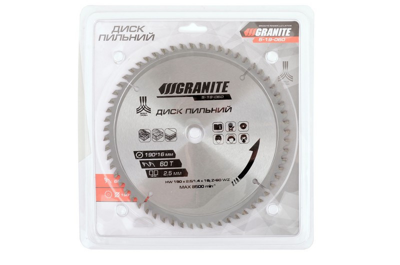 Диск пильный для дерева GRANITE с твердосплавными напайками 190х16х60Т 8000 об/мин 5-19-060 Харків - зображення 2