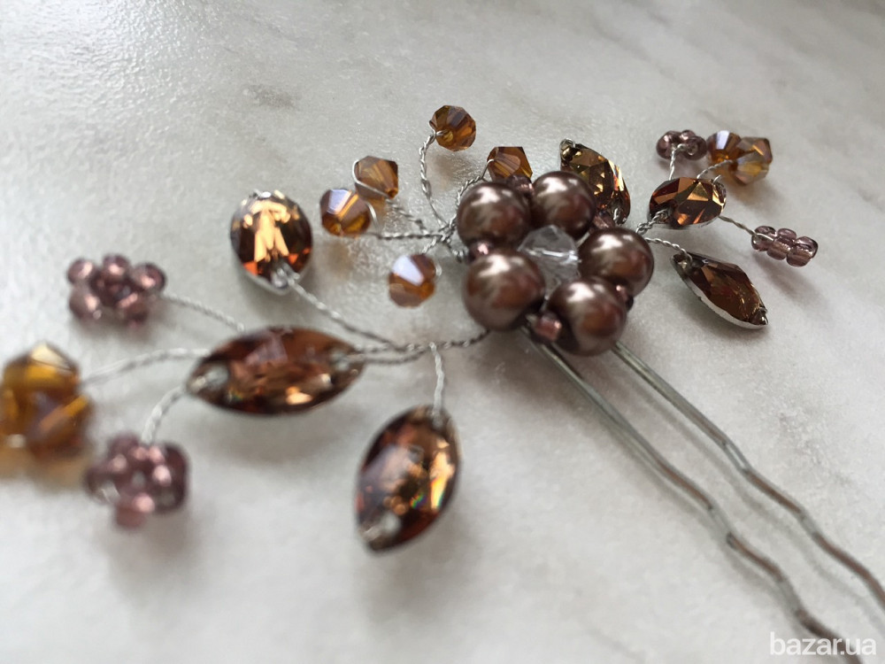 шпилька прикраса для волосся коричневий кавовий перли кришталь намистини Луцьк - зображення 3