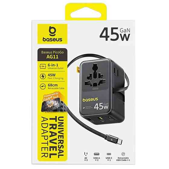 Сетевой универсальный переходник Baseus AG11 45W with retractable cable (2USB-A/1C/1Socket) (E0307F) Херсон