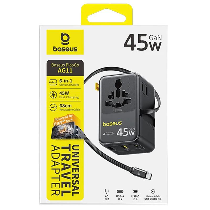 Сетевой универсальный переходник Baseus AG11 45W with retractable cable (2USB-A/1C/1Socket) (E0307F) Херсон - изображение 2