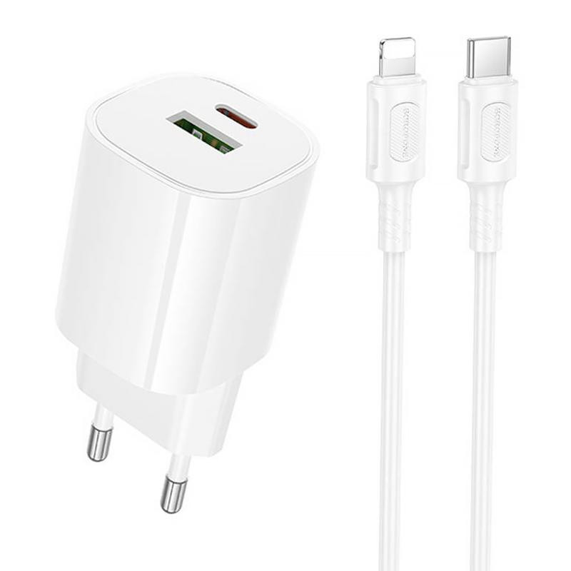 СЗУ Borofone BA104A Pudding PD20W+QC3.0 (1USB-A/1C) + кабель Type-C to Lightning Херсон - изображение 1