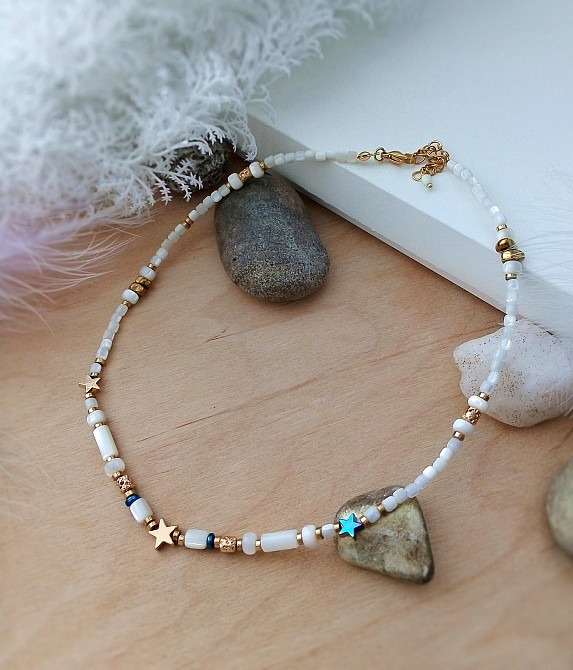 Зірка намисто чокер білий золотий гематит зірки перламутр натуральний лава на шию подарунок дівчині Луцк - изображение 3