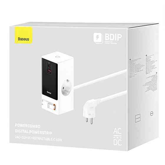 СЗУ Baseus OS PowerCombo Digital PowerStrip+Retractable-C 65W (1USB-A/1C/2Socket) (1.5m) (PSLR000) Херсон