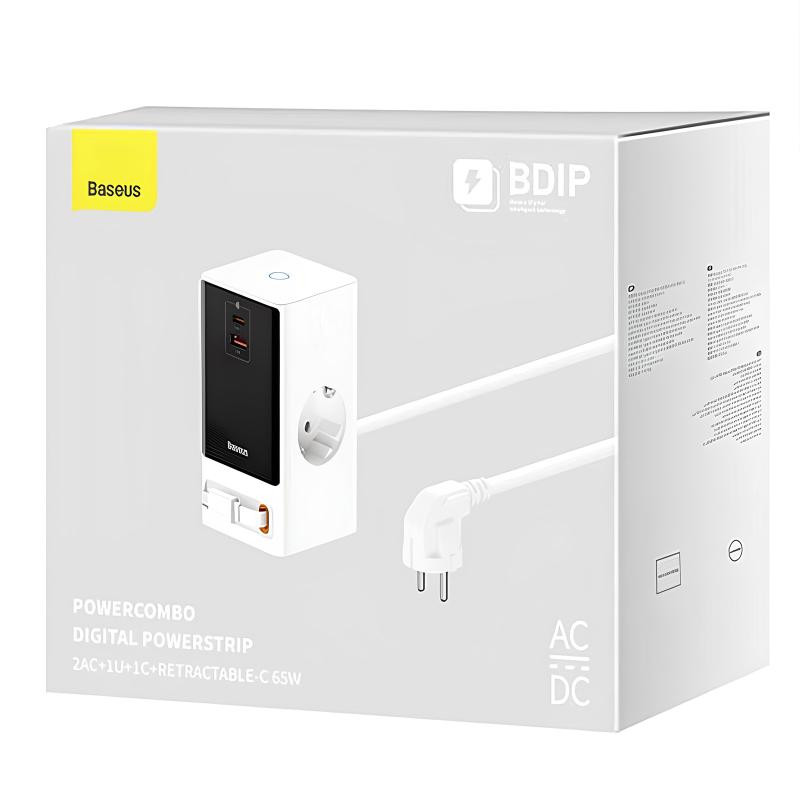 СЗУ Baseus OS PowerCombo Digital PowerStrip+Retractable-C 65W (1USB-A/1C/2Socket) (1.5m) (PSLR000) Херсон - зображення 5