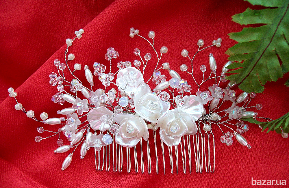 три троянди весільний гребінь прикраса для волосся білий перли кришталь нареченій весільна Луцьк - зображення 1