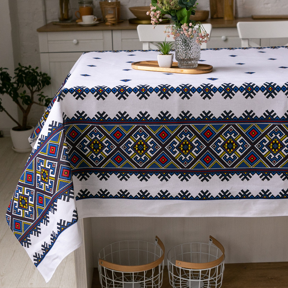Скатерть льняная Орнамент синий 150х220см Одесса - изображение 1