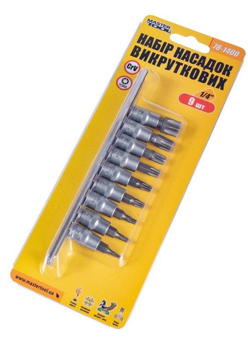 Набор головок торцевых с отверточными насадками TORX MASTERTOOL ¼" T10-T60 CrV 9 шт 78-1400 Харків - зображення 2