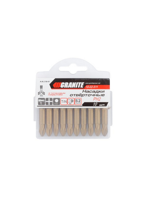 Насадка отверточная GRANITE PH2 50 мм ¼" S2/TITAN набор 10 шт 10-02-511 Харків - зображення 2
