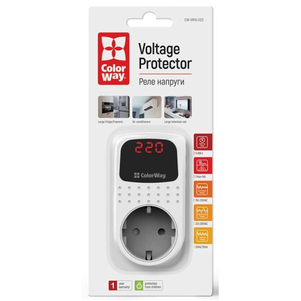Реле напруги ColorWay (16A/3680W) 150V-210V/230V-280V DS2 Black/White (CW-VR16-02D) Харків - зображення 5