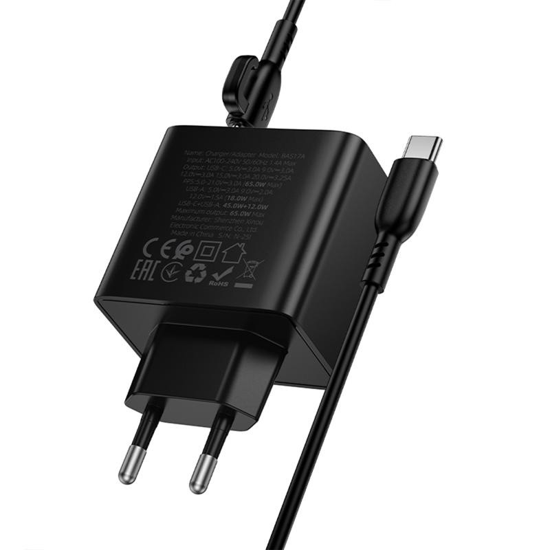 СЗУ Borofone BAS17A Erudite PD65W+QC3.0 (1USB-A/1C) + кабель Type-C to Type-C Херсон - изображение 7