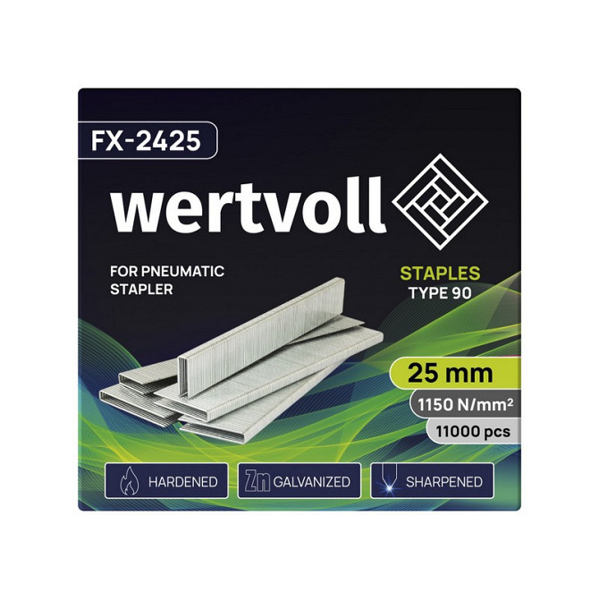 Скобы закаленные для пневмостеплера WERTVOLL тип 90 25 мм/5.8х1.25 мм 11000 шт FX-2425 Харків - зображення 2