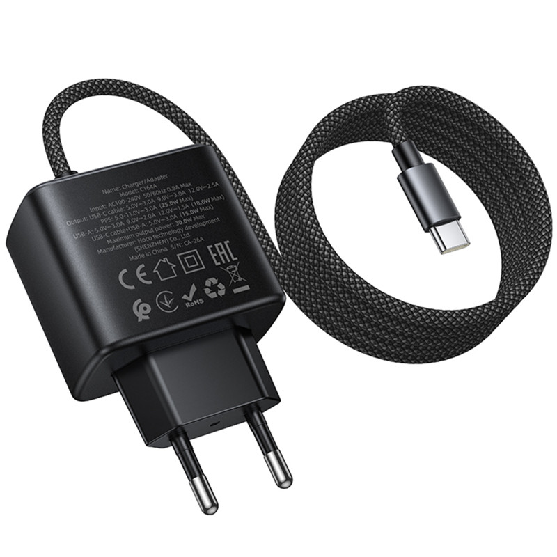 СЗУ Hoco C164A New PD30W+QC3.0 (1USB-A/1C) + встроенный кабель Type-C Херсон - изображение 3
