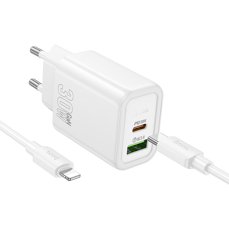 СЗУ Hoco N63 Gentle PD30W+QC3.0 (1USB-A/1C) + кабель Type-C to Lightning Херсон - зображення 4