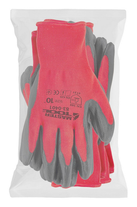 Перчатки трикотажные бесшовные MASTERTOOL нитриловое покрытие ладони 10" 12 пар красно-черные 83-040 Харьков - изображение 2